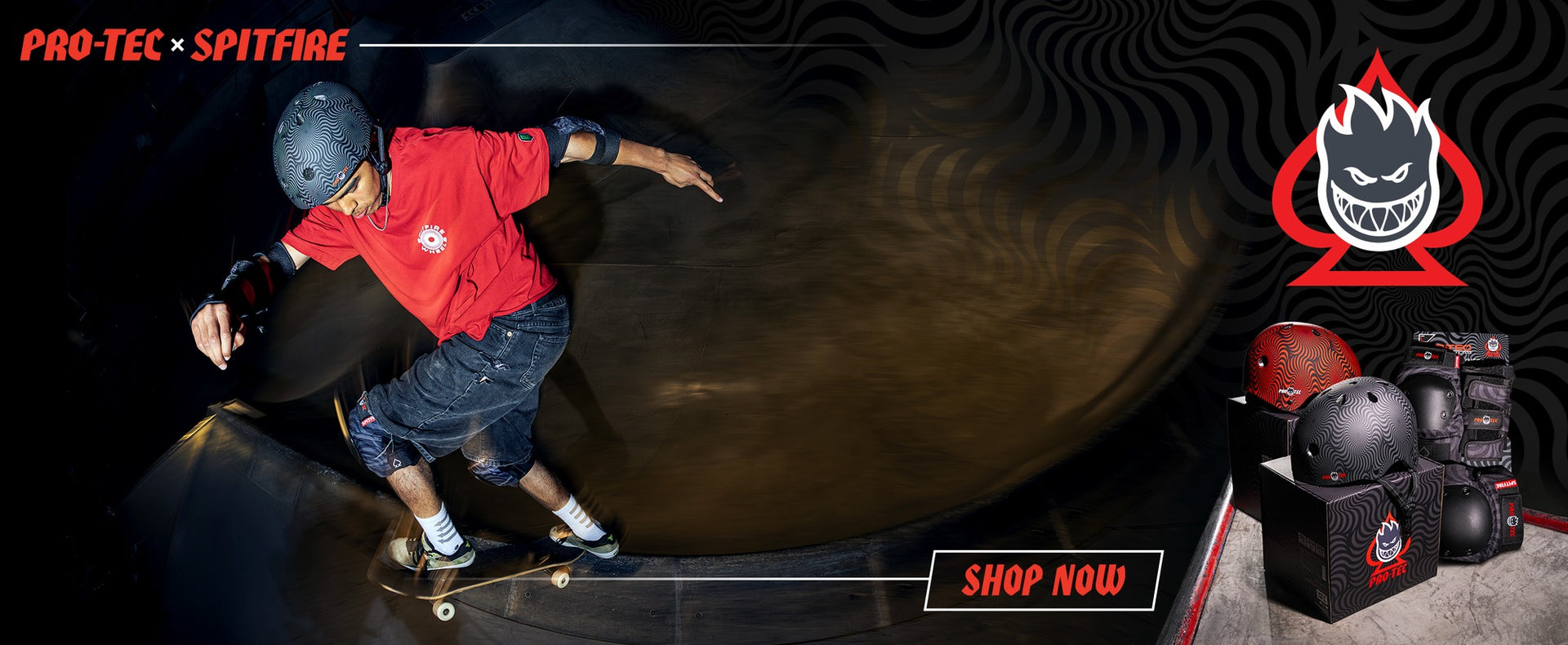 Shop Pro-Tec x Spitfire Signature Edition Collection - a skateboarder performing a trick on a ramp with swirl Low Pro Helmets and pad set in the foreground.